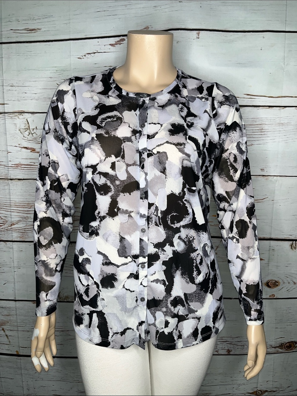 LOGO by Lori Goldstein Size XL Black & Gray Abstract Floral Print Mesh Cardigan